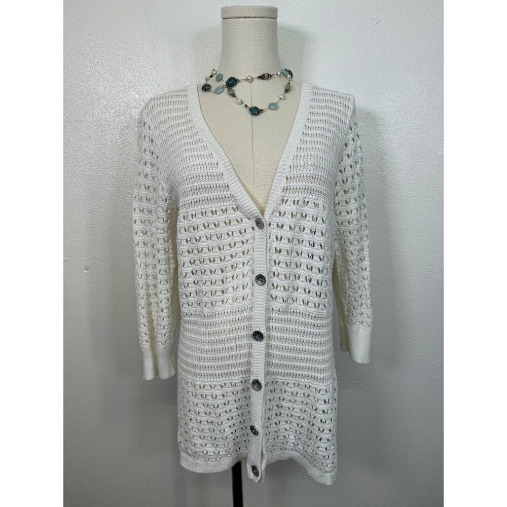 DKNY Women’s Large Cardigan Sweater White Ivory Knit Crochet 3/4 Sleeve cotton